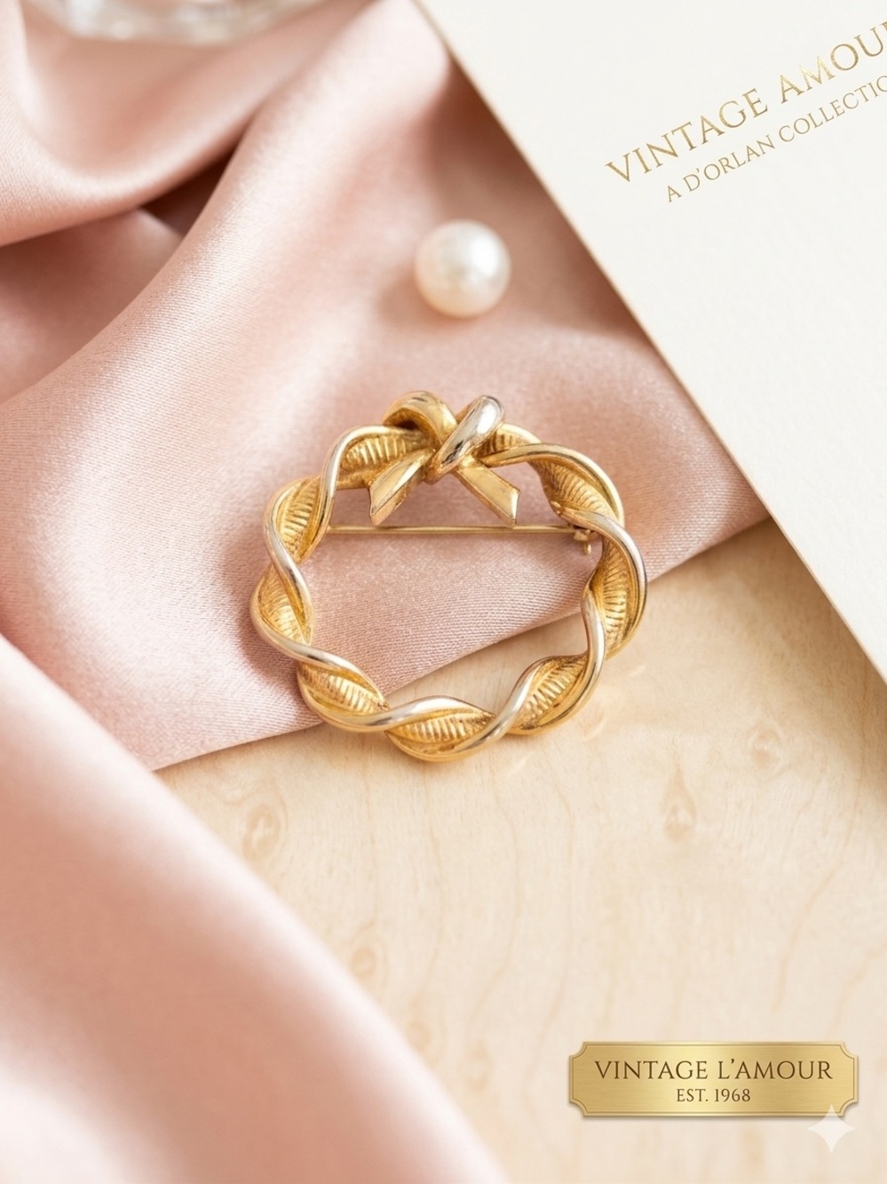 D'Orlan Vintage 2-Tone Ribbon Wreath Brooch | 1.5" Pin | Marked #94961